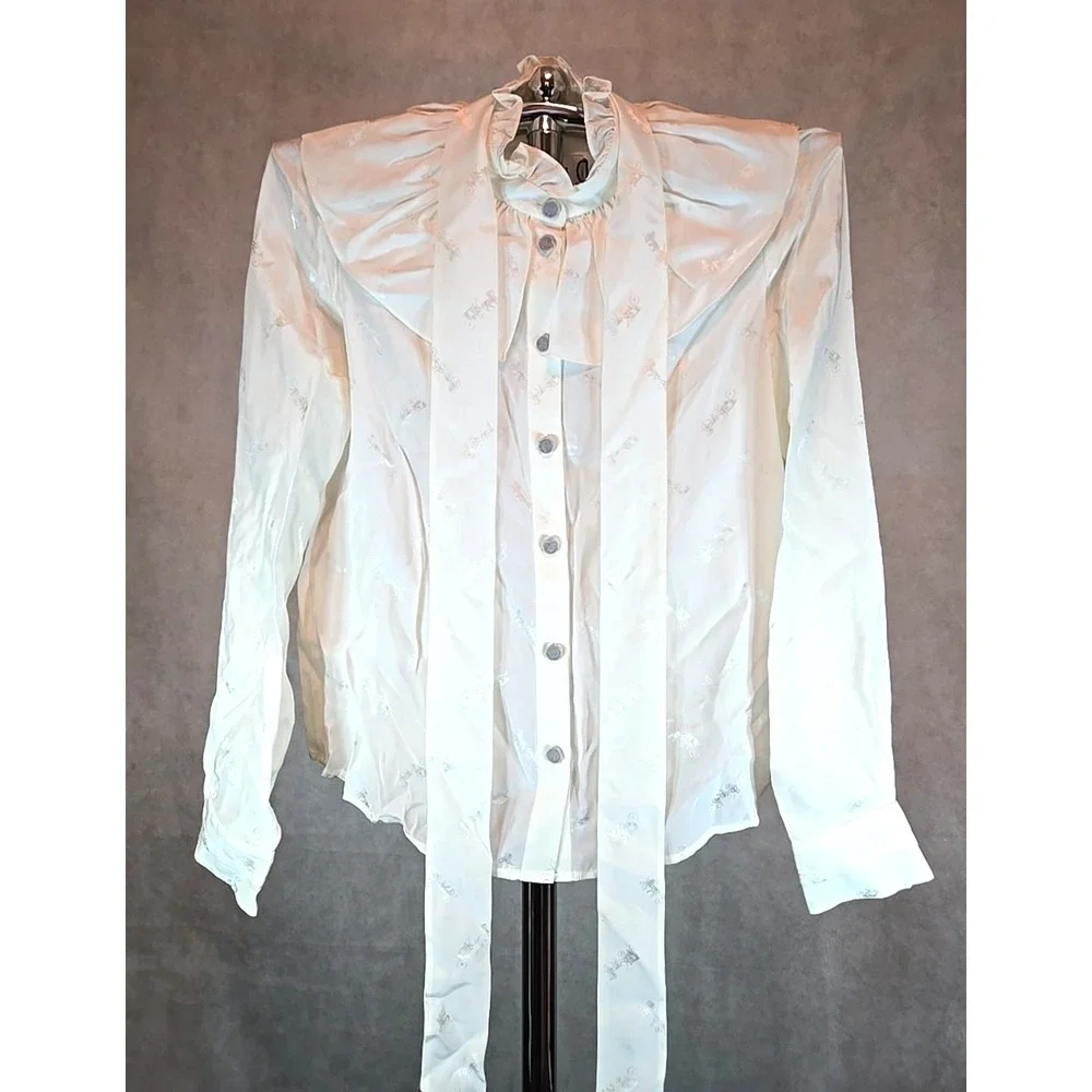 Coach Blouse Signature H & C Jacquard Shirt Long Sleeve Silk Blend White‎ Size 2